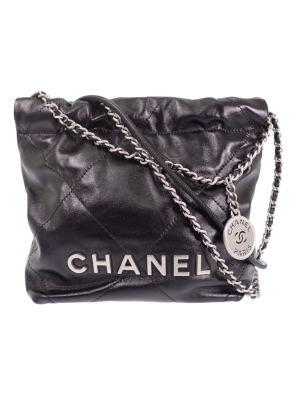 Chanel 22 Mini Shoulder Bag Shiny Calfskin Black Silver